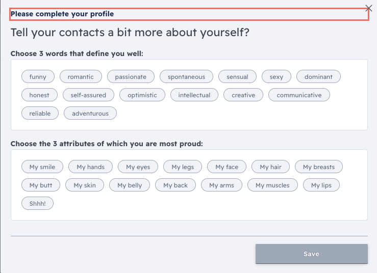 C-Date UK personality attribute selection asking users to choose 3 defining words and 3 features they are proud of