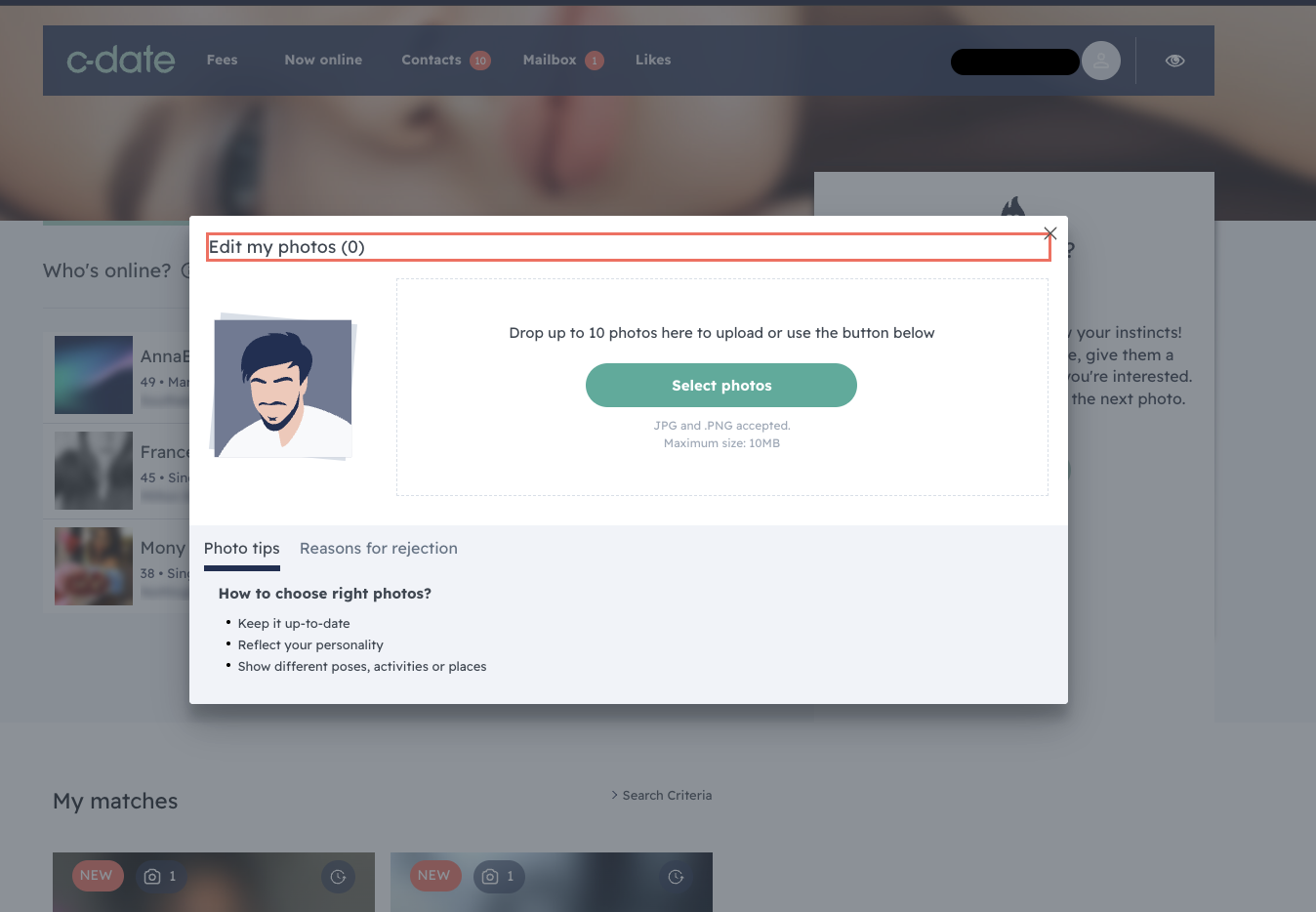verification-upload.webpC-Date UK photo upload interface accepting up to 10 photos with manual approval and rejection criteria tab